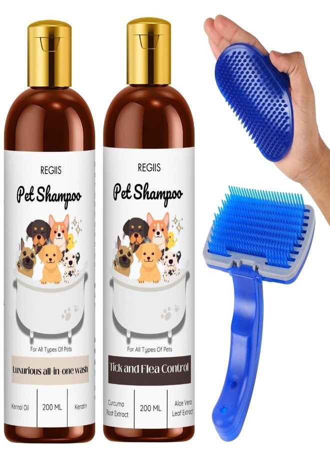 REGIIS Pet Shampoo Set with Grooming Brush, Luxurious All-in-One Wash and Tick and Flea Control, 200 ML, 2 Bottles(4 Pack) - Image 1